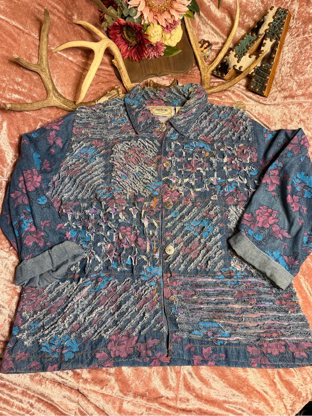 Vintage 90s Tantrums L Floral Distressed Denim Jacket Art to Wear Boho